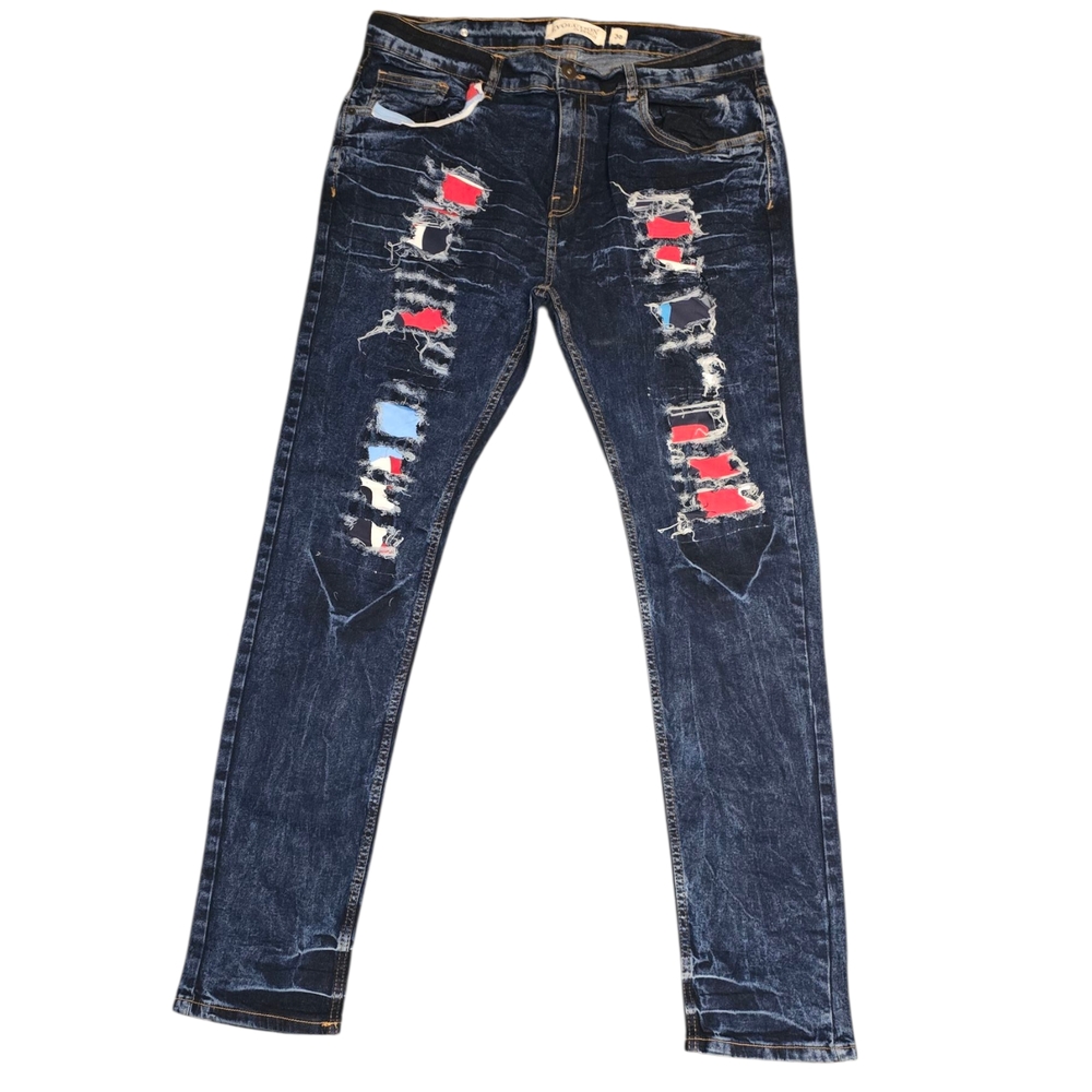 Tion Design Ripped Blue and Red Skinny Jeans 38x34 NWOT